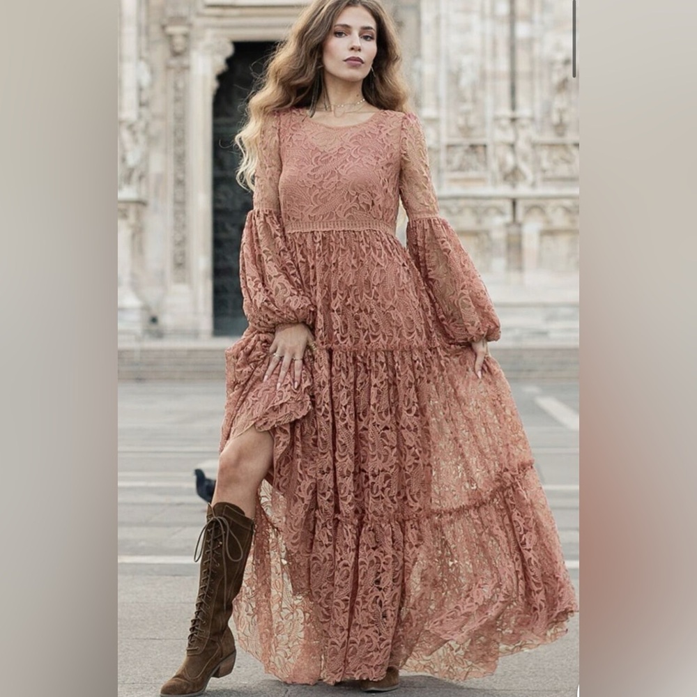 JOYFOLIE Mia Joy Ember Lace Ruffle Maxi Dress - Desert Sand - XL